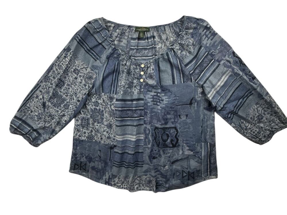 Lauren Ralph Lauren Shirt Blue Patchwork Floral Print Boho Top 3/4 Sleeve Large - Picture 1 of 9